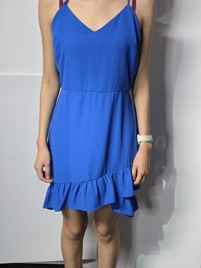 Everly Royal Blue V-Neck Ruffle-Hem Mini Dress